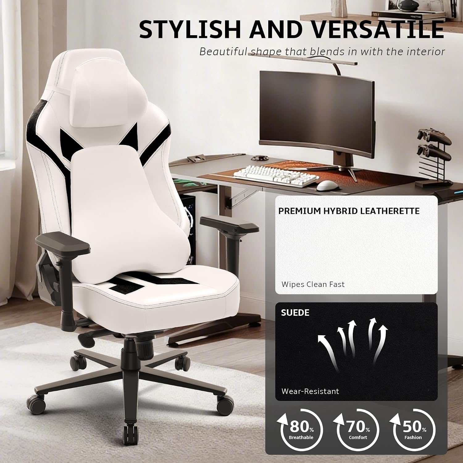 Ergonomic Gaming Chair, Wyrdforging Computer Desk Chairs, 4D Armrests, High Back Office Chair With Headrest & Lumbar Pillow, Tilt Rocker Recliner, Heavy-Duty Base, White PU Leather & Black Suede Combo