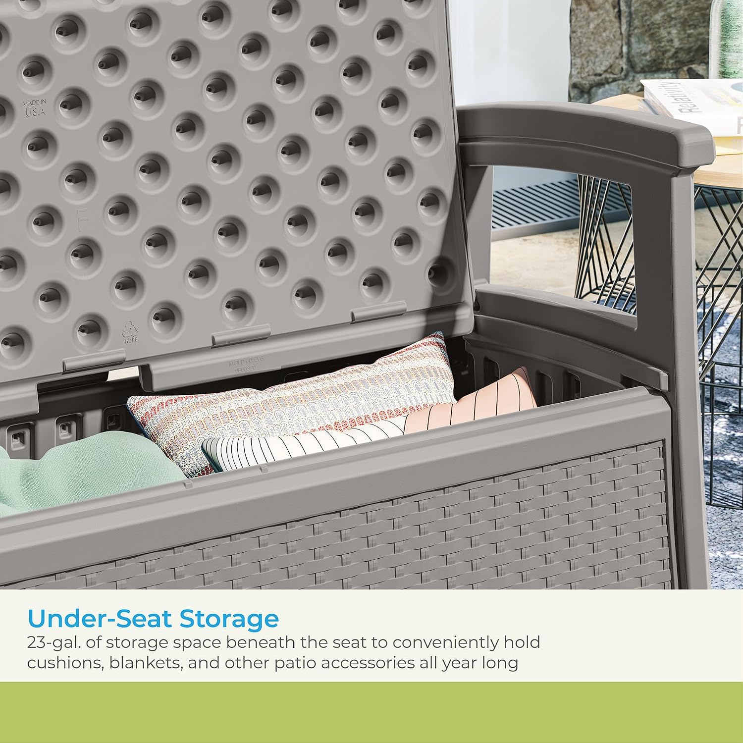 Suncast Outdoor Wicker Love Seat with 23-Gallon Storage, Comfortable Seating for Two, Ergonomic Back Support, All-Weather Furniture for Patio, Deck, and Garden, Gray, Made in The USA