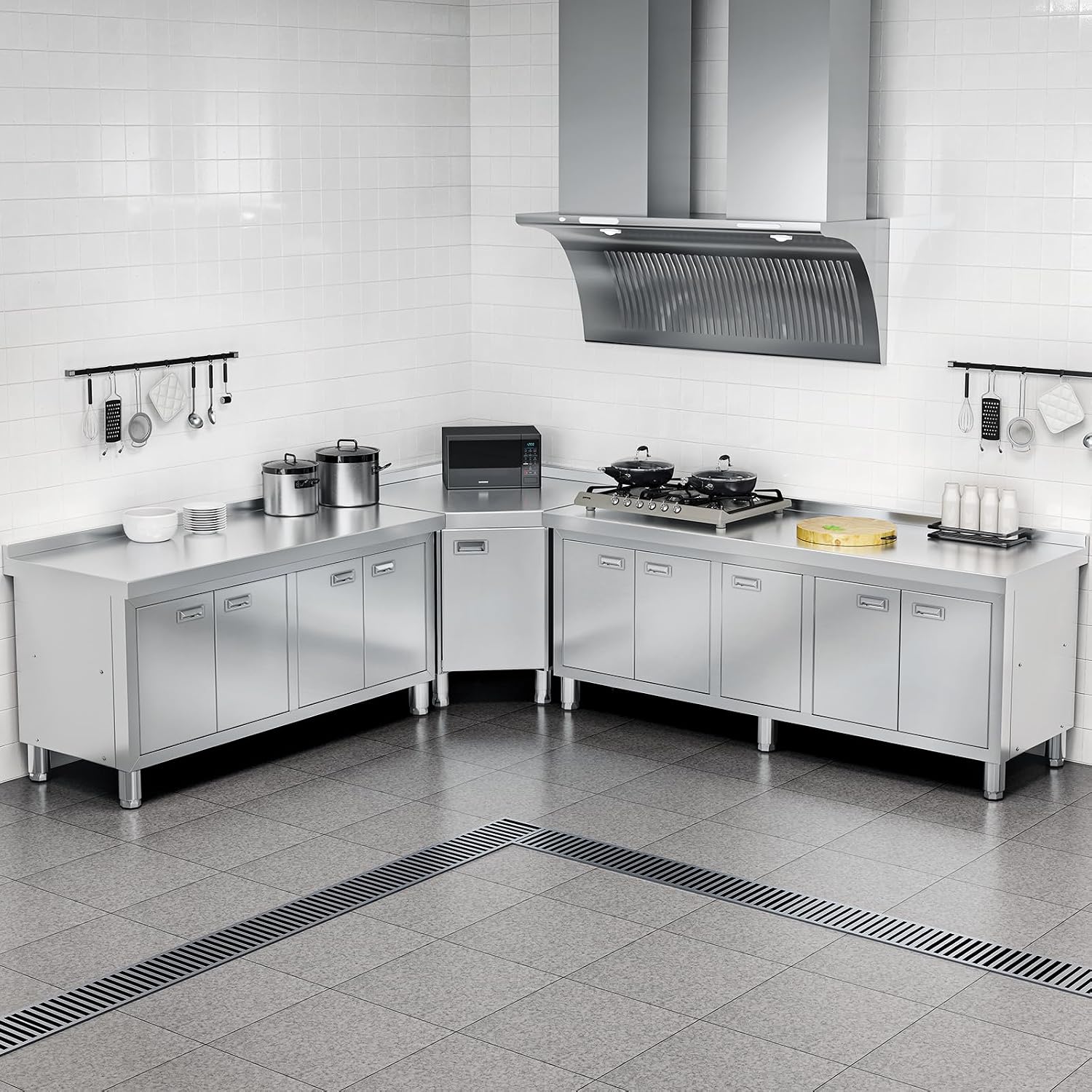 WWK 70' x 21' Stainless Steel Table with Cabinet, Commercial Kitchen Table for Prep & Work, Heavy Duty Work Cabinet with 5 Doors for Outdoor, Kitchen, Restaurant, Hotel, Garage and Cafe