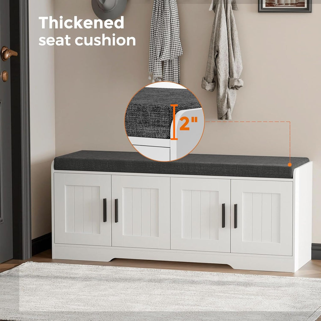 Homleke 2-Tier Storage Bench, Shoe Bench with Thickened Padded Seat Cushion, Entryway Bench with 4 Doors, Adjustable Shelf, 13.8' D x 45.3' W x 18.5' H, for Entryway, Living Room, Bedroom, White