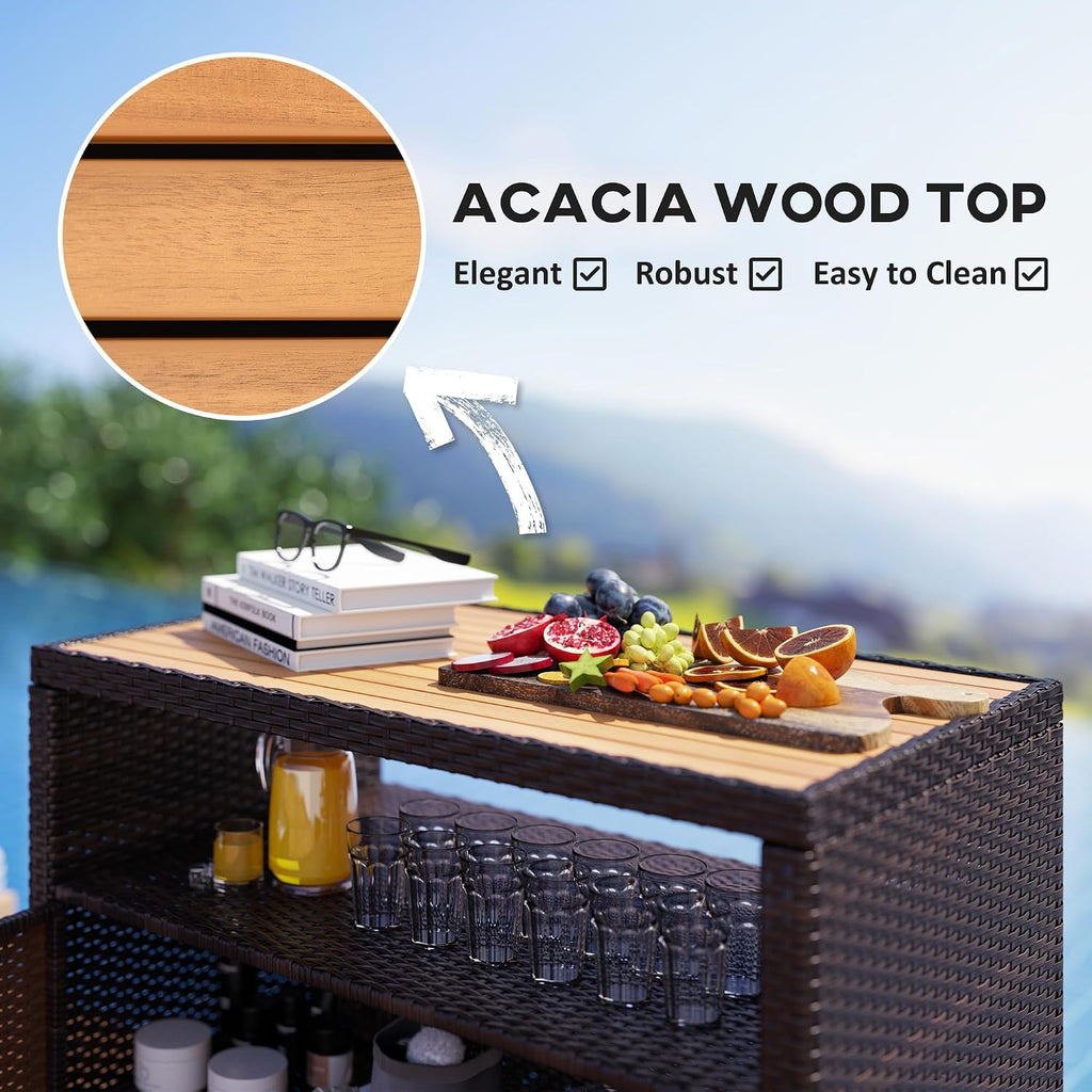 Outsunny Wicker Outdoor Storage Cabinet, Rattan Bar Table with Acacia Wood Countertop, 2 Doors and Shelf, Buffet Cabinet Sideboard for Poolside, Garden, Patio, Backyard, Brown