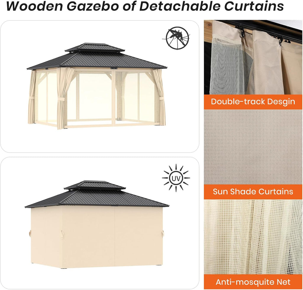 Outdoor Wooden Gazebo - Outdoor Patio Gazebo with Galvanized Steel Double Roof, Cedar Wooden Frame Pavilion, Pergolas for Garden, Lawn, Poolside (11X13FT)