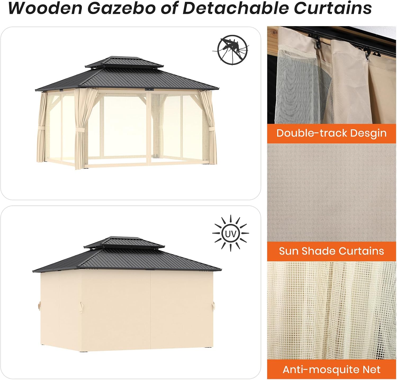 Outdoor Wooden Gazebo - Outdoor Patio Gazebo with Galvanized Steel Double Roof, Cedar Wooden Frame Pavilion, Pergolas for Garden, Lawn, Poolside (11X13FT)