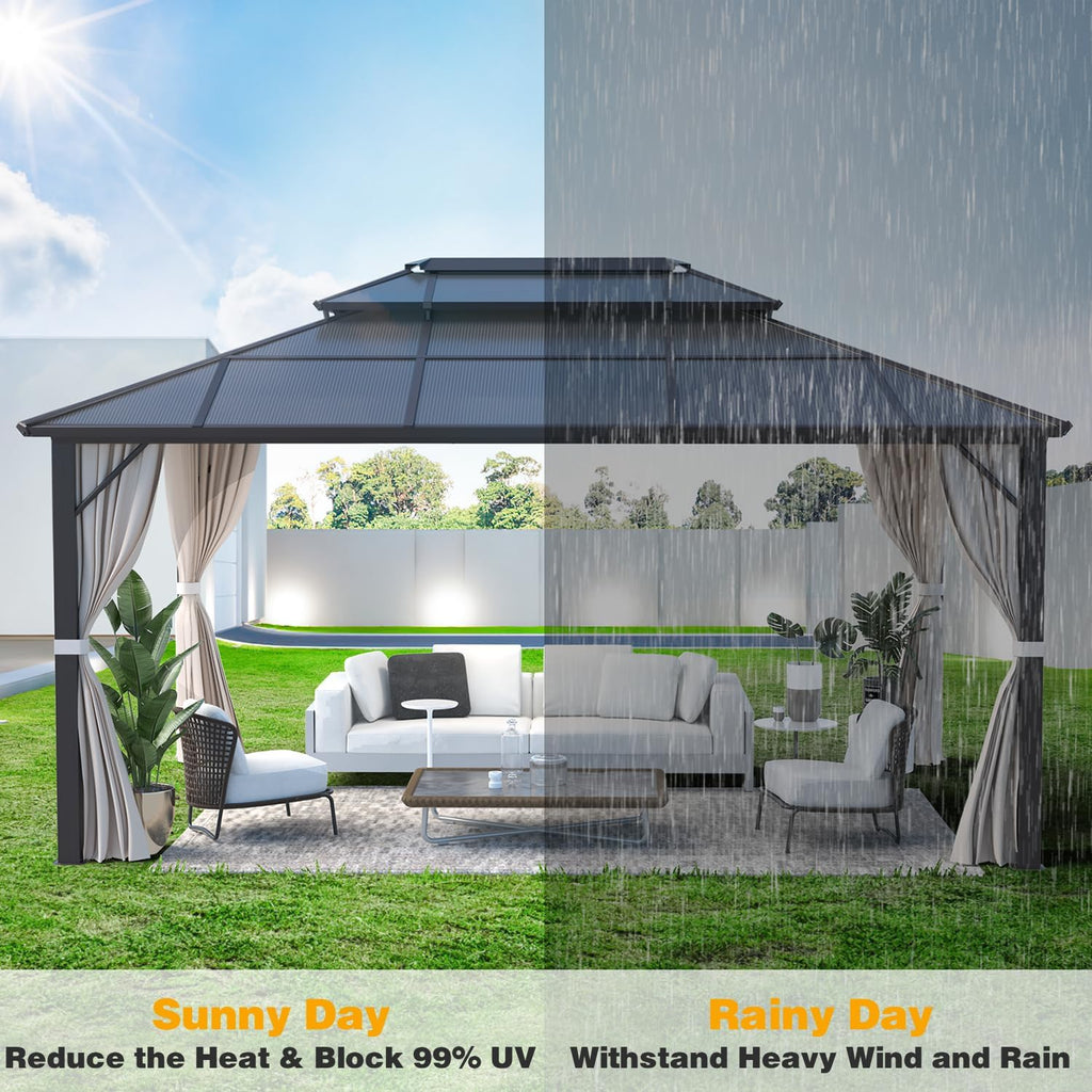 MELLCOM 12'x16' Hardtop Gazebo with Polycarbonate Double Roof, Aluminum Frame Outdoor Gazebos with Curtains and Netting for Garden, Lawn and Patio
