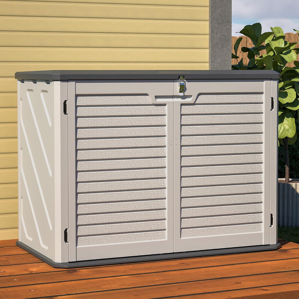 YOPTO Outdoor Storage Shed Horizontal Plastic Shed W/Lockable Cabinet,Weather Resistance Foldable House W/Sloped Roof & Dual-Locking Mechanism,28 Cu.ft Garden Tool House for Backyards,Patio,White