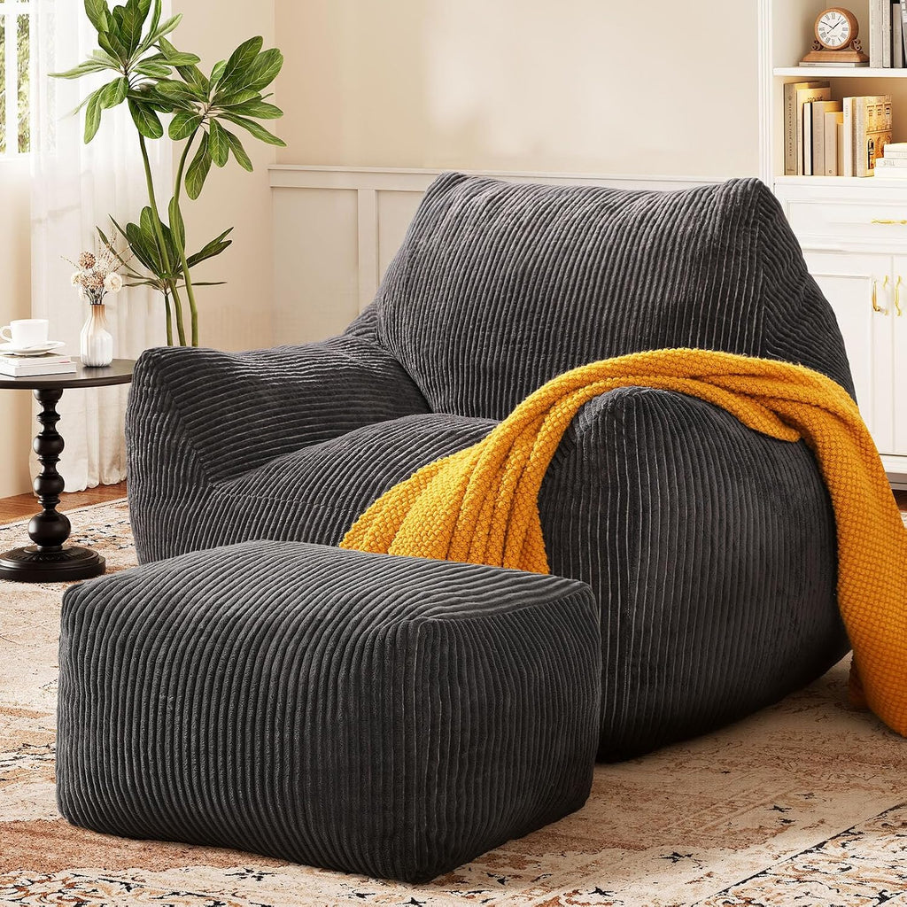 Big Bean Bag Chair for Adults, Ultra Soft Living Room Bean Bag with Armrests & Ottoman, Stuffed BeanBag Chair for Napping, Gaming, Vacuum-Compressed for Easy Gifting, 48h to Expand Dark Gray