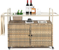HOMEFUN Outdoor Kitchen Island Wicker Serving Console Cart & Grill Bar Table Waterproof with Wheels and Ice Bucket Backyard and BBQ Prep, Brown