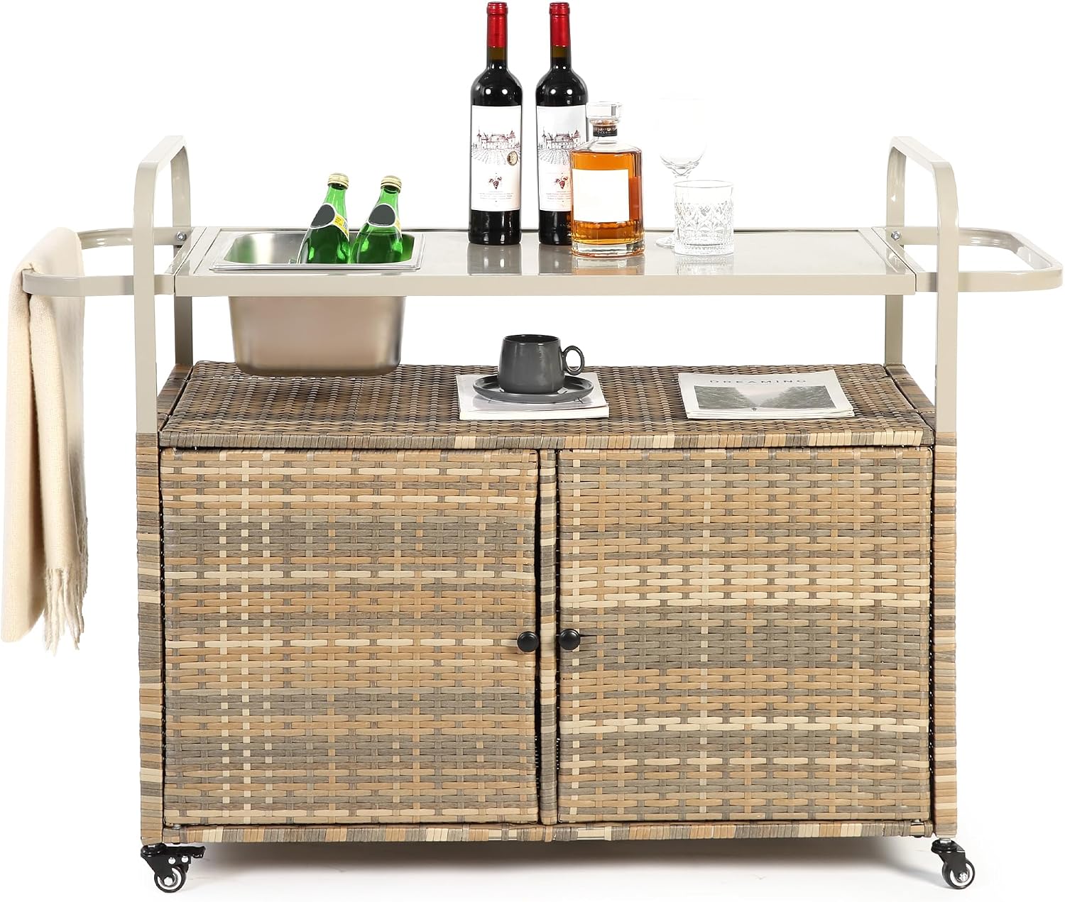 HOMEFUN Outdoor Kitchen Island Wicker Serving Console Cart & Grill Bar Table Waterproof with Wheels and Ice Bucket Backyard and BBQ Prep, Brown