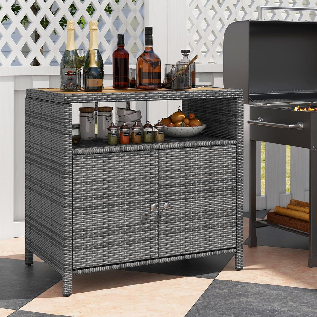 HAPPYGRILL Rattan Storage Cabinet, Patio Sideboard Buffet Cabinet with Acacia Wood Countertop, Open Shelf & 2 Door Cabinet, Wicker Storage Organizer for Garden Tools (Mixed Grey)