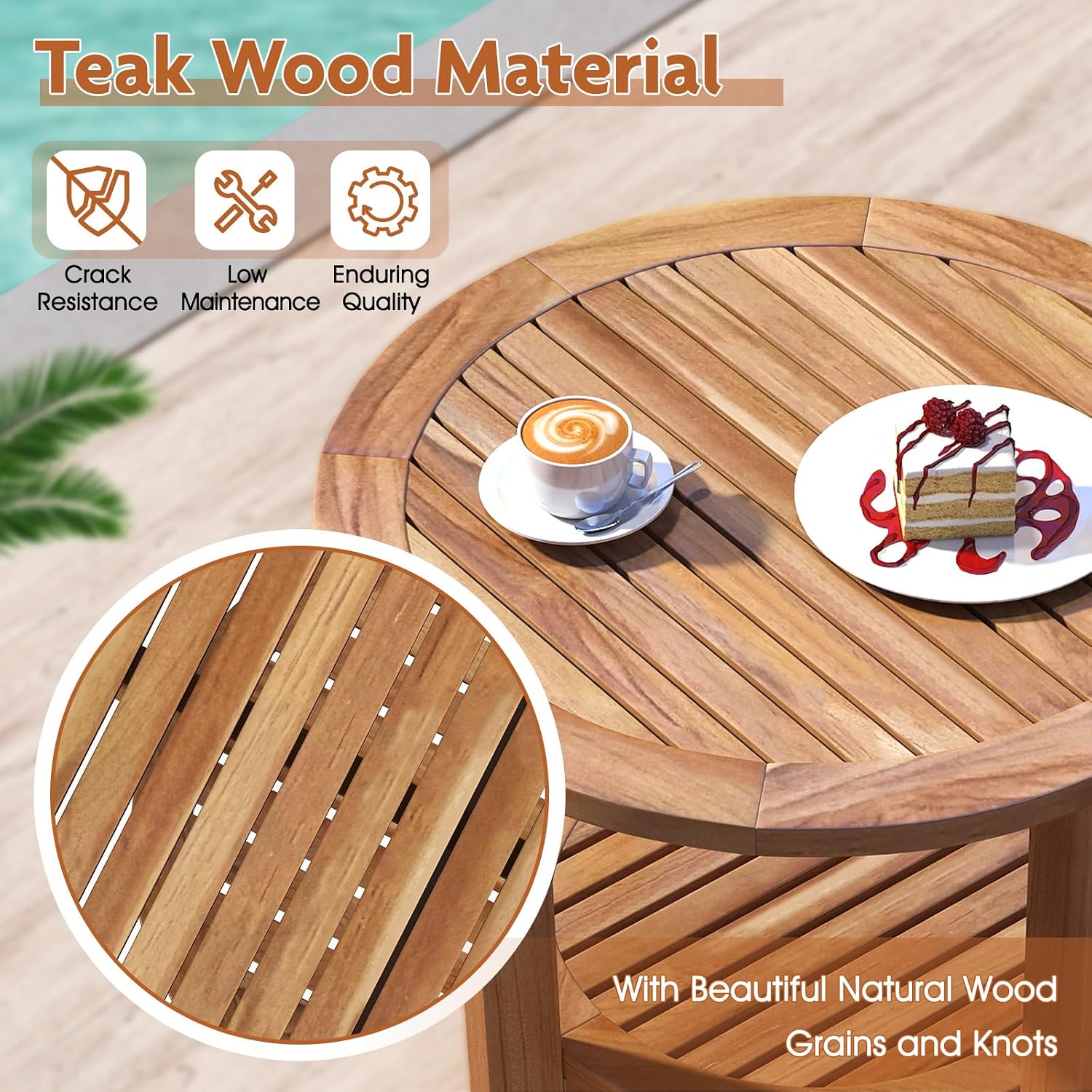Tangkula Outdoor Round Side Table, 19.5 Inches Teak Wood Patio Table with Slatted Tabletop & Storage Shelf, 2-Tier Heavy Duty Small End Table for Backyard, Porch, Deck, Yard, Garden, Natural