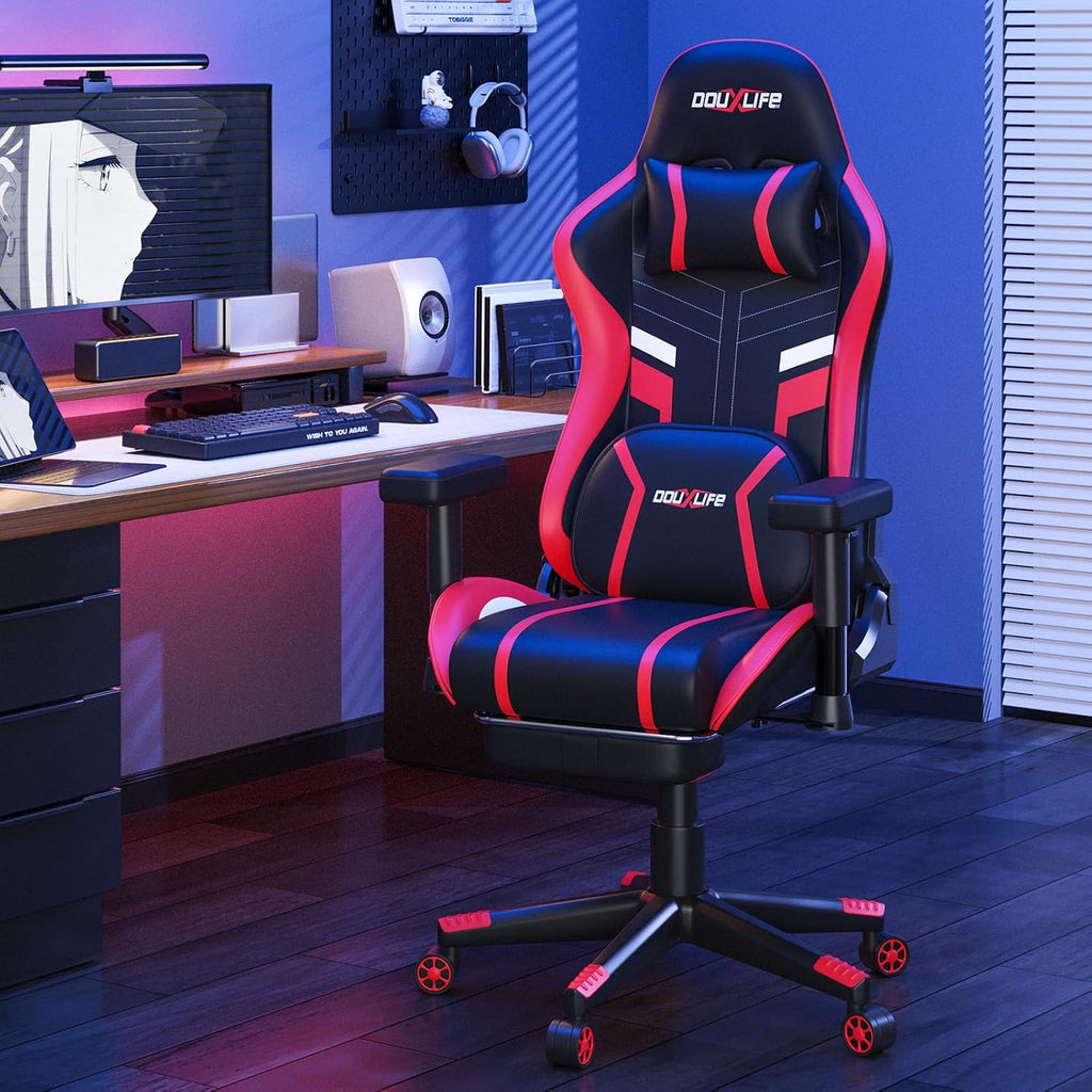 Douxlife 3D Kneading Massage Gaming Chair with Footrest, 400lbs Heavy Duty PC Computer Desk Chair for Adults, Adjustable 2D Armrests, Ergonomic 175° Recline & Optional Heat, Black&Red