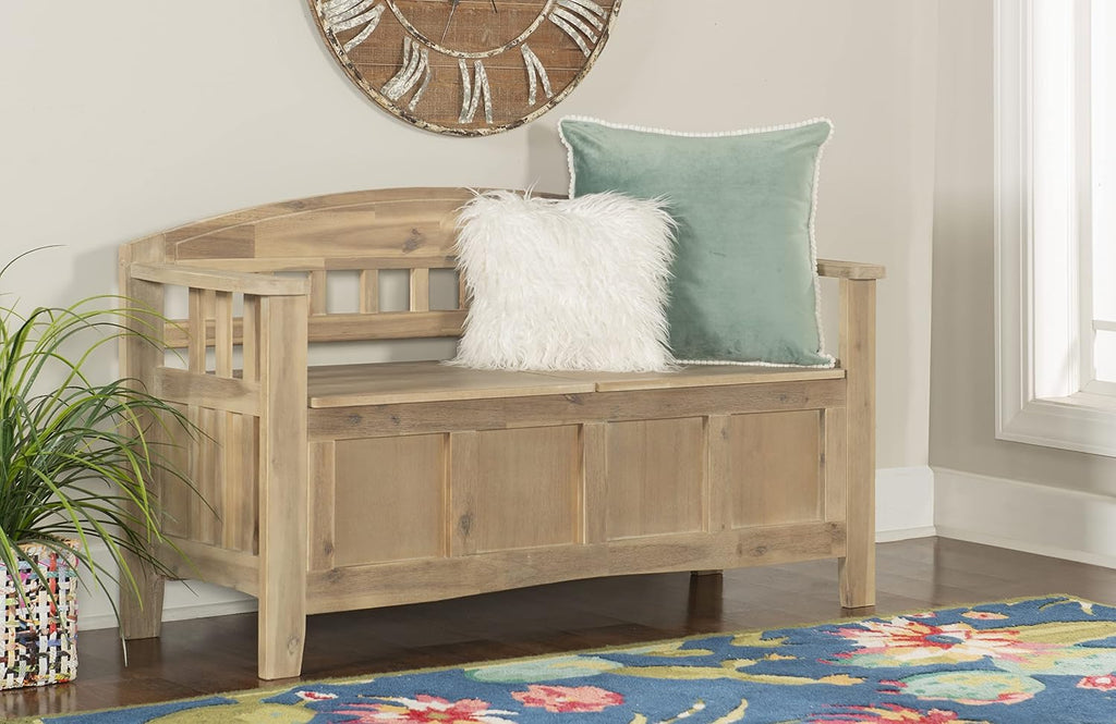 Linon Frankie Natural Wood Washed Storage Bench