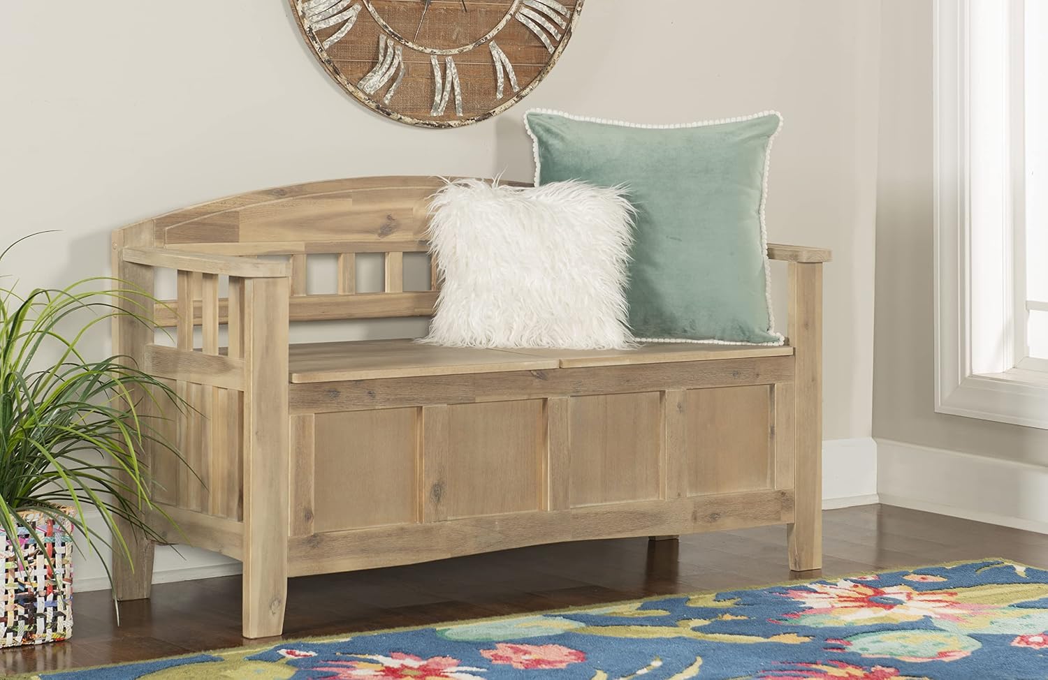 Linon Frankie Natural Wood Washed Storage Bench