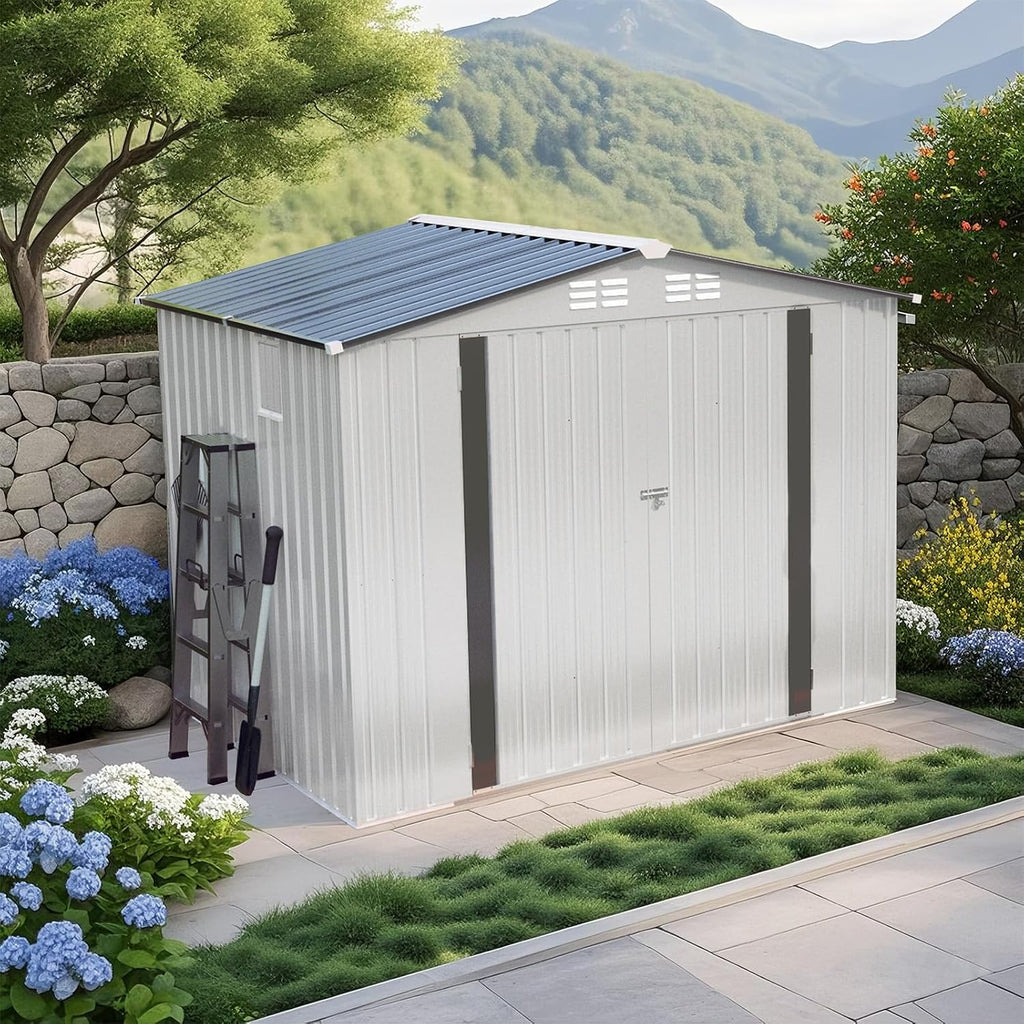 8X6 FT Metal Storage Shed,Tool Shed with Peaked Roof, Outdoor Storage Shed with Clear Window and Lockable Door, Garden Shed for Garden, Backyard,Patio,Sundries, White (8X6 FT)