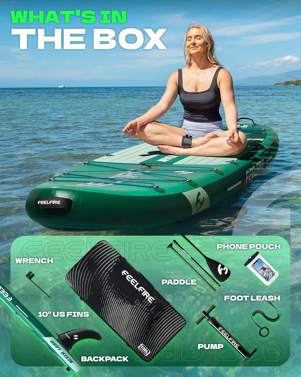 Feelfire11'x34' Extra Wide Inflatable Paddleboard, Stand-up Paddle Board for Adults, 420lb Capacity for Yoga/Fishing/Family, EVA Deck, US Fin, High-Pressure Pump, Storage Backpack, Safety Leash