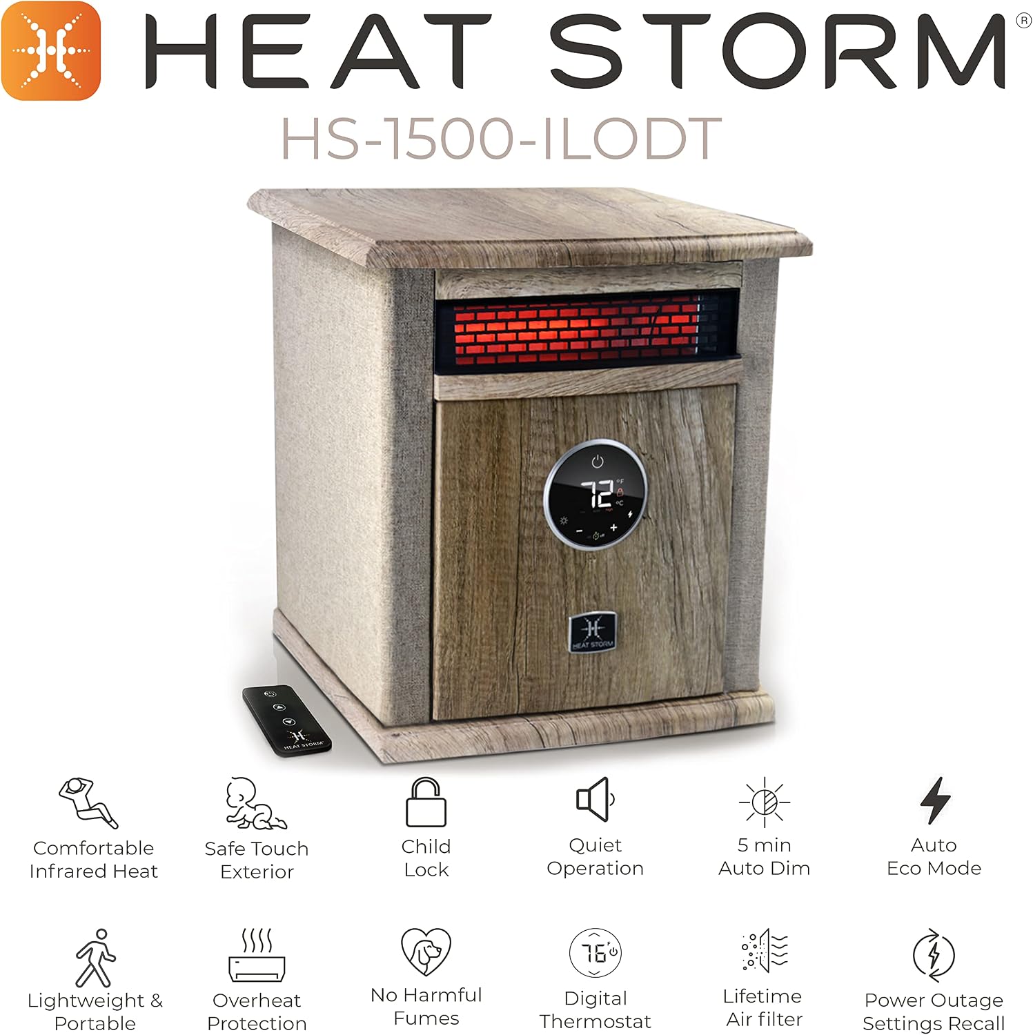Heat Storm Portable Electric Space Heater, 1500-Watt Cabinet Infrared Quartz Element Heater With Digital Thermostat, Remote Control, washable Filter Modern Design (Beige)
