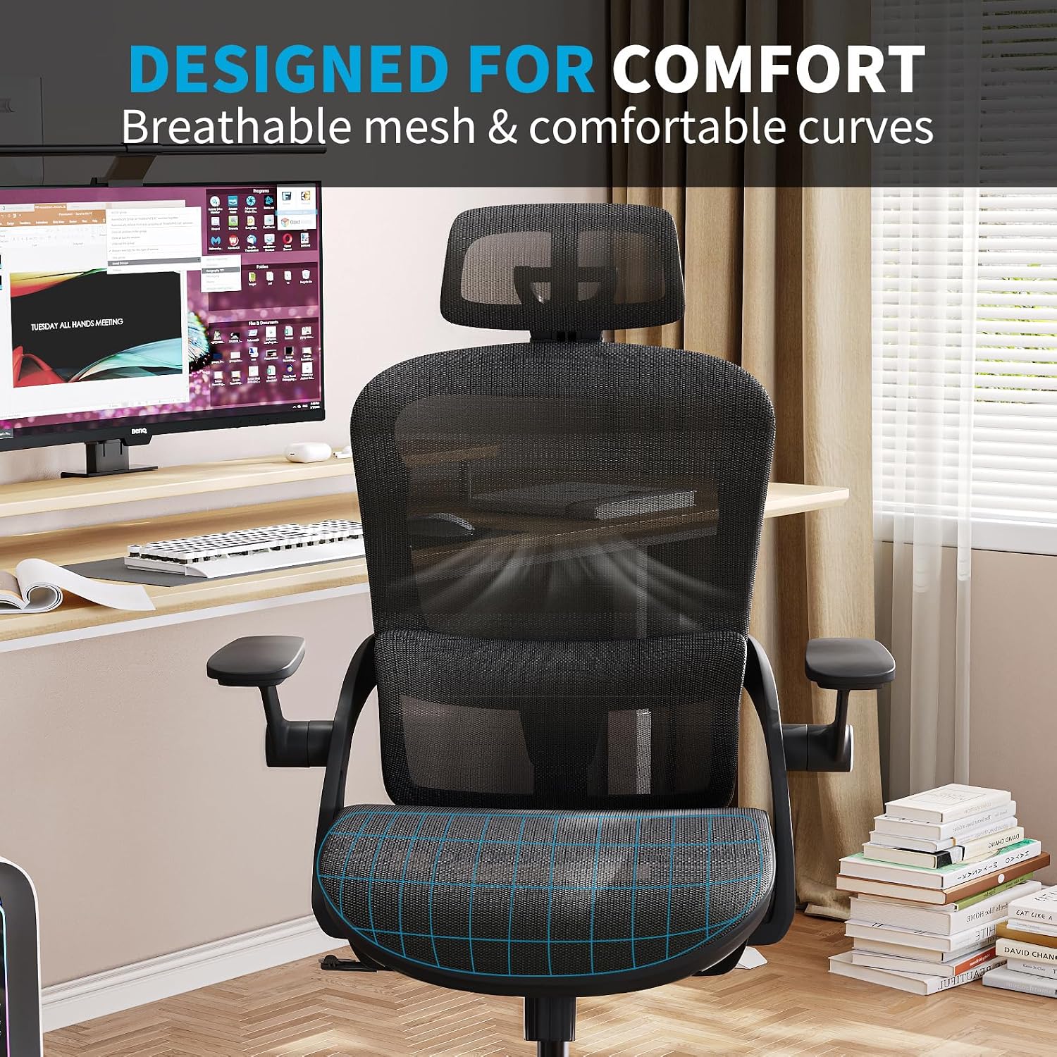 Office Chair Ergonomic Desk Chair with Lumbar Support&Headrest&Flip-up Arms Height Adjustable Rocking Swivel High Back Computer Chair Multi-Angle from 90° to 130° with 350LBS Capacity(04black)