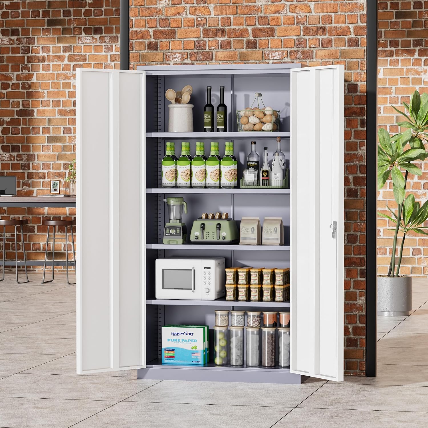 Greenvelly Metal Storage Cabinet with 2 Doors and 4 Adjustable Shelves, Lockable Steel Tool Cabinet for Home, Office, Garage, Classroom (Grey White)