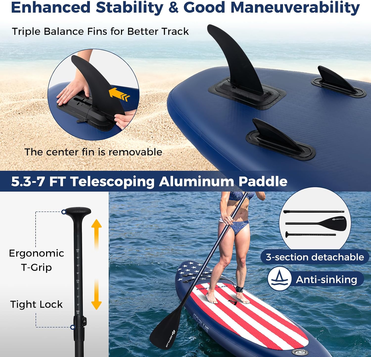 Goplus Inflatable Stand Up Paddle Board, 10FT/10.5FT/11FT SUP with Accessory Pack, Adjustable Paddle, Carry Bag, Fin, Hand Pump, Leash, Repair Kit
