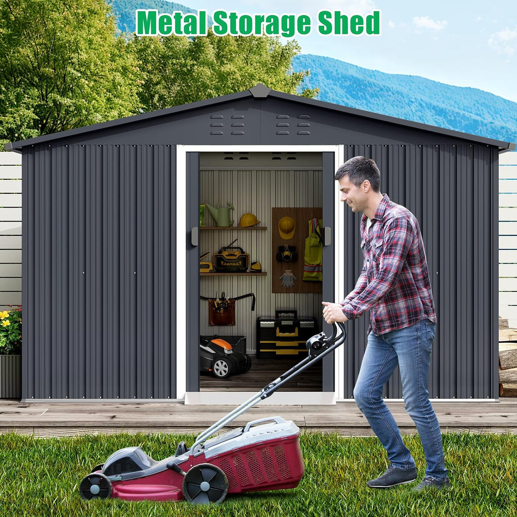 Acekool 10x12 FT Outdoor Metal Storage Shed, Large Garden Tool Shed with Lockable Door and Vents, Waterproof Galvanized Metal Sheds for Tools & Equipment, Garbage Can, Bike, Mower, Gray
