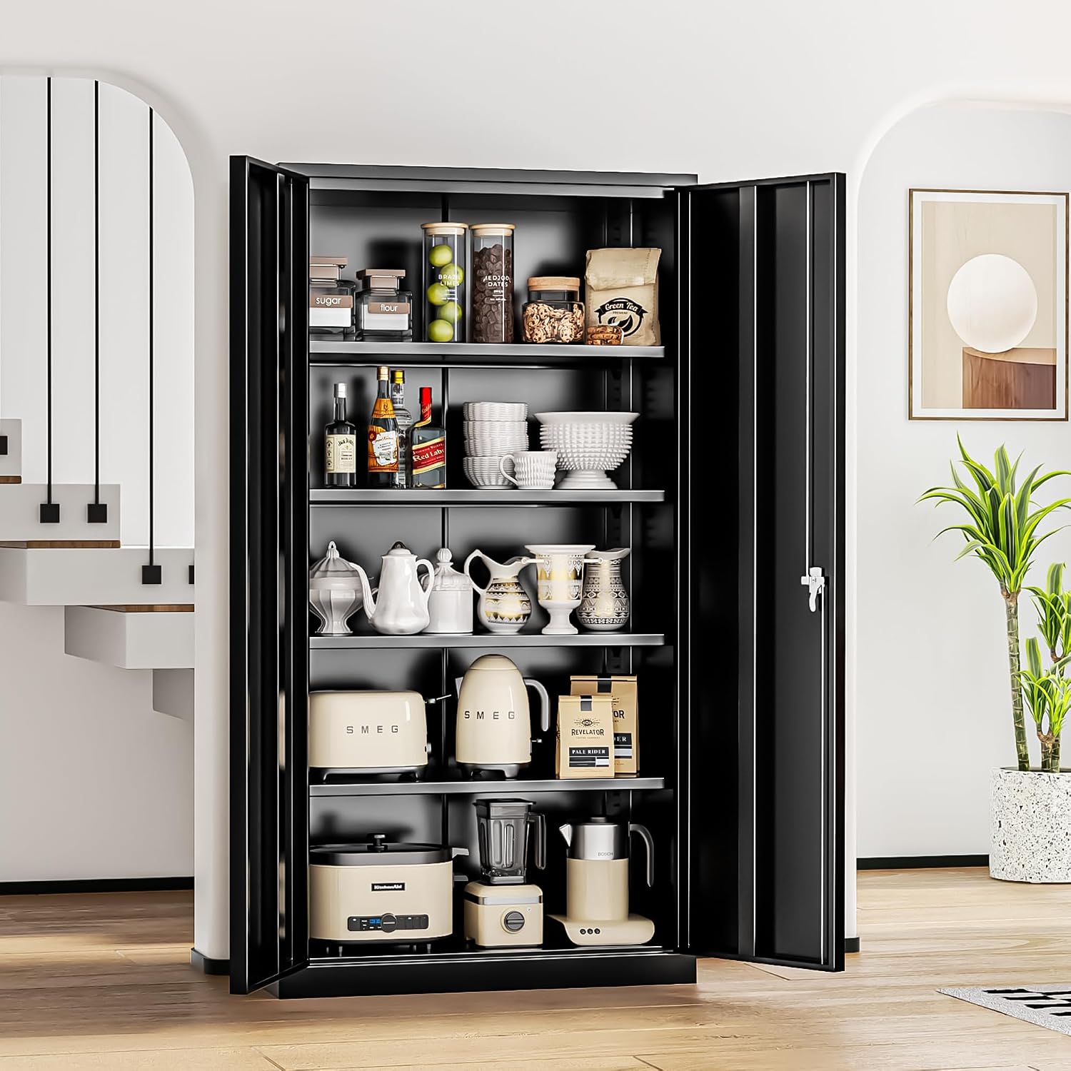 INTERGREAT Black Metal Storage Cabinet Doors, 72' Locking Steel Storage Cabinet with Shelves, Tall Metal Cabinet Lockable Steel Cabinets for Home Office, Garage