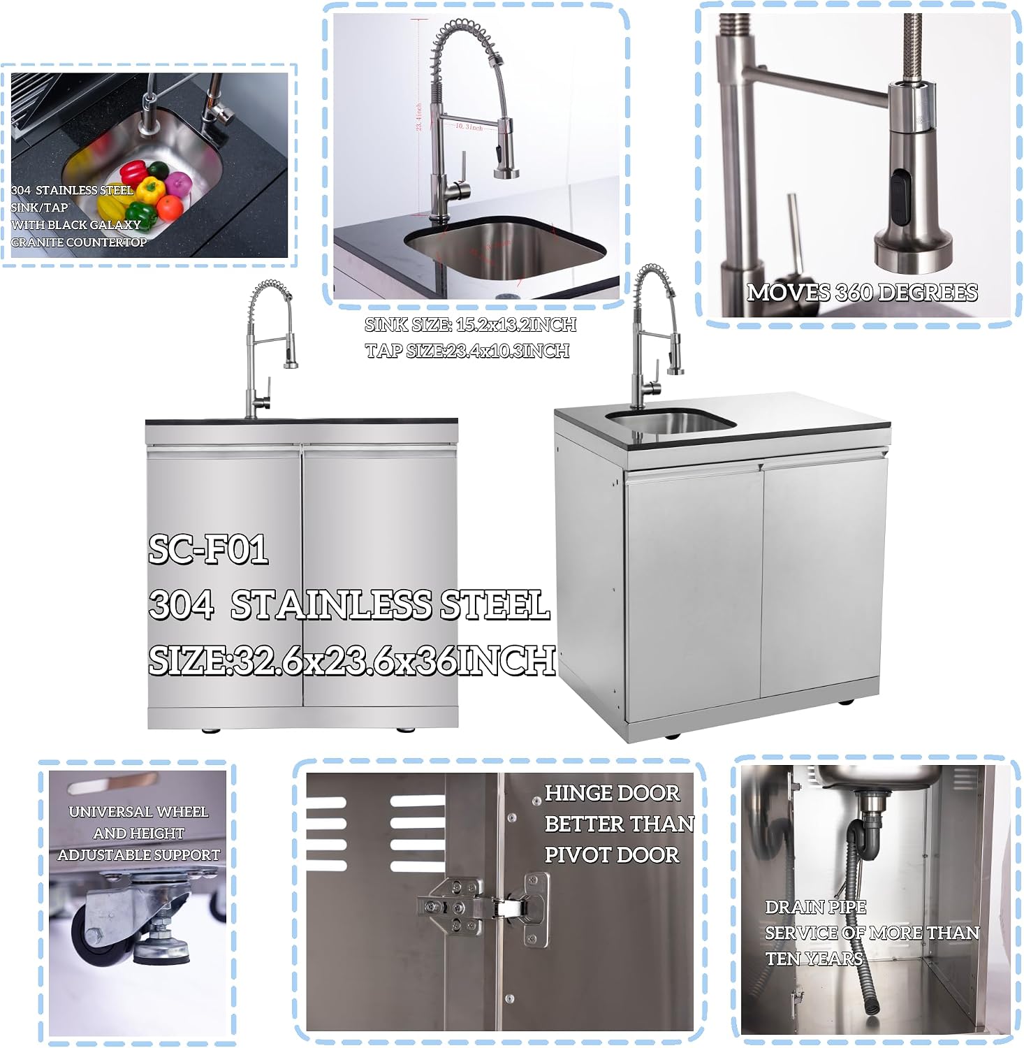 Modular Outdoor Kitchen BBQ Island, 96' Outdoor Kitchen Propane Gas Island Grill with Sink, Compact Refrigerator, Storage Cabinets, Rotisserie Kit (Silver, 96')