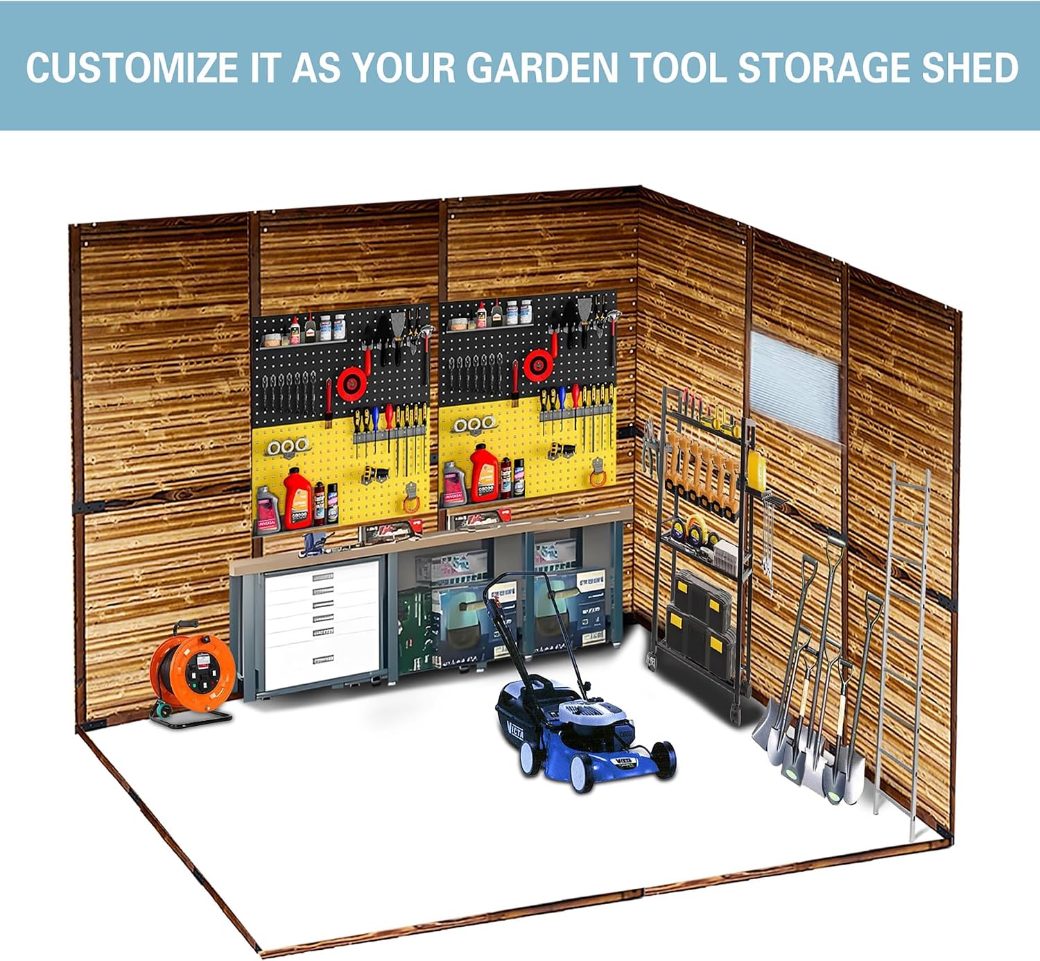 8x6 Ft Outdoor Storage Shed with Windows, Wood & Metal Tool Shed Waterproof Storage House for Outside Patio, Garden and Backyard, 4 Vents (Without Floor) Wood Color