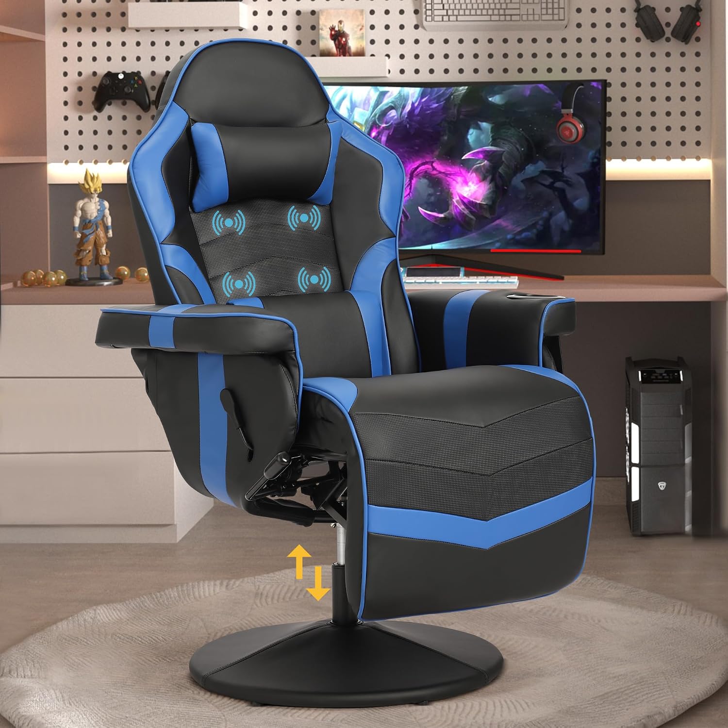 Game Reclining Chair with Adjustable Height, PU Gaming Chair with Massage, Long Footrest and Lumbar Support, High Back Swivel Computer Game Chair for Adult(Blue)