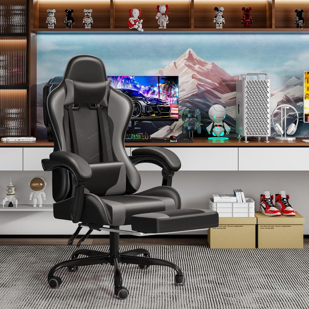 JUMMICO Gaming Chair Ergonomic Computer Chair with Footrest and Massage Lumbar Support, Height Adjustable Video Gaming Chair with 360° Swivel Seat and Headrest (Grey)