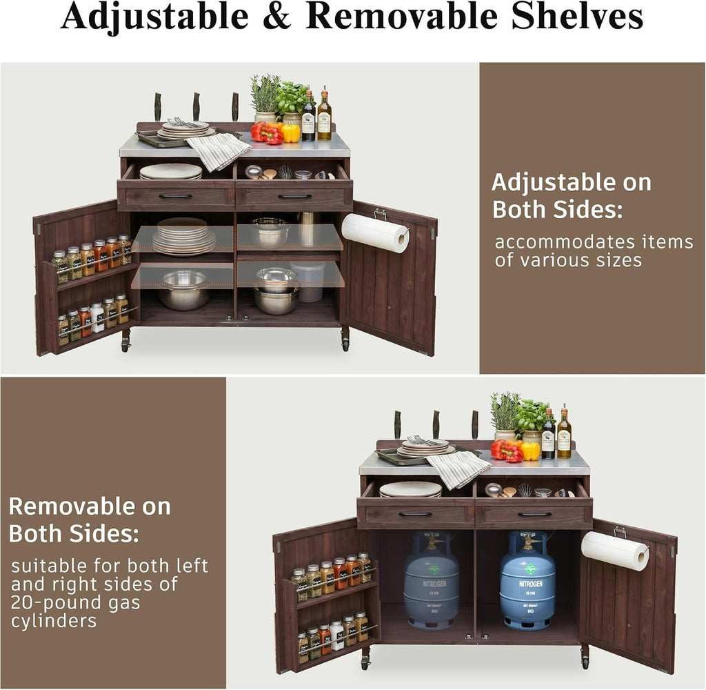 LUMISOL Outdoor Grill Cart with Stainless Steel Top, Outdoor Rolling Kitchen Island with Drawer & Adjustable Shelves, 39.4' Farmhouse Kitchen Cart with Internal Storage Racks & 4 Wheels, Dark Brown