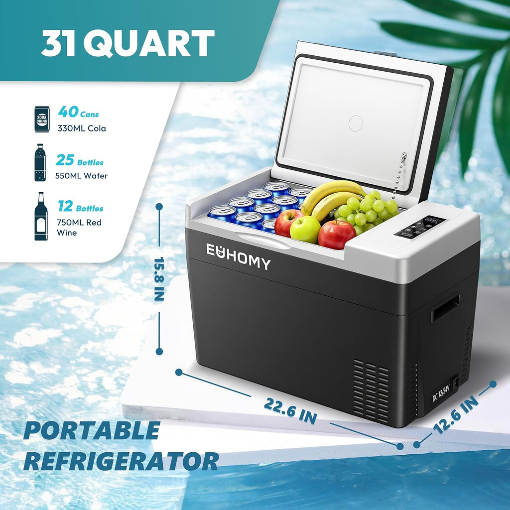EUHOMY 12 Volt Refrigerator, 31QT(29L) Compressor Electric Cooler APP Control, Car Fridge -4℉~68℉, Portable Refrigerator 12/24V DC 100-240V AC, Portable Freezer for Camping, Travel, Boat