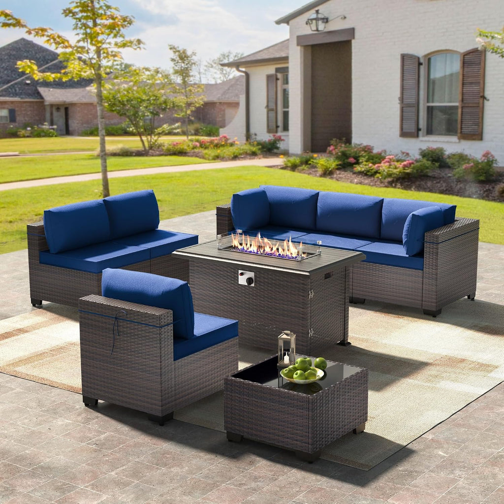 8 Pieces Outdoor Patio Furniture Sets w/55000 BTU Propane Fire Pit Table,Wicker Conversation Sofa,Includes 6 All-Weather High Back PE Rattan Seating Components w/Coffee Table&Gas Fire Pit,Navy