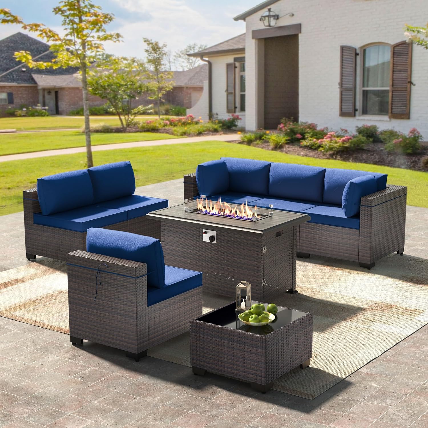 8 Pieces Outdoor Patio Furniture Sets w/55000 BTU Propane Fire Pit Table,Wicker Conversation Sofa,Includes 6 All-Weather High Back PE Rattan Seating Components w/Coffee Table&Gas Fire Pit,Navy