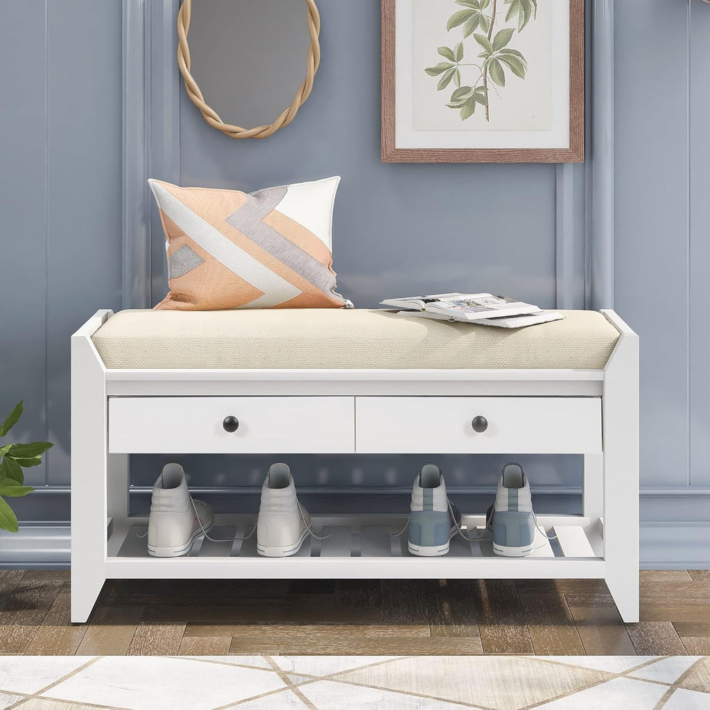 Harper & Bright Designs TREXM Shoe Rack with Cushioned Seat and Drawers, Multipurpose Entryway Storage Bench (White)