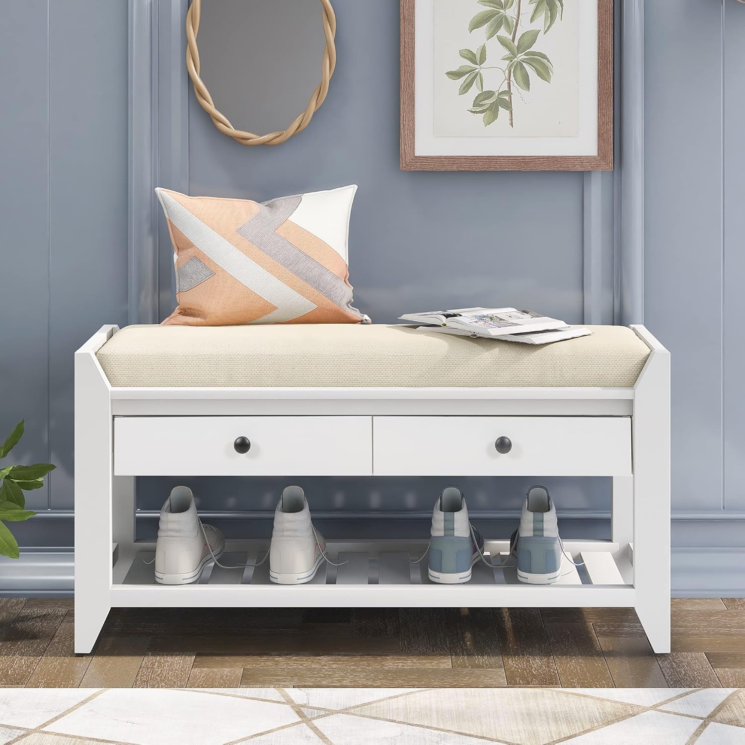 Harper & Bright Designs TREXM Shoe Rack with Cushioned Seat and Drawers, Multipurpose Entryway Storage Bench (White)