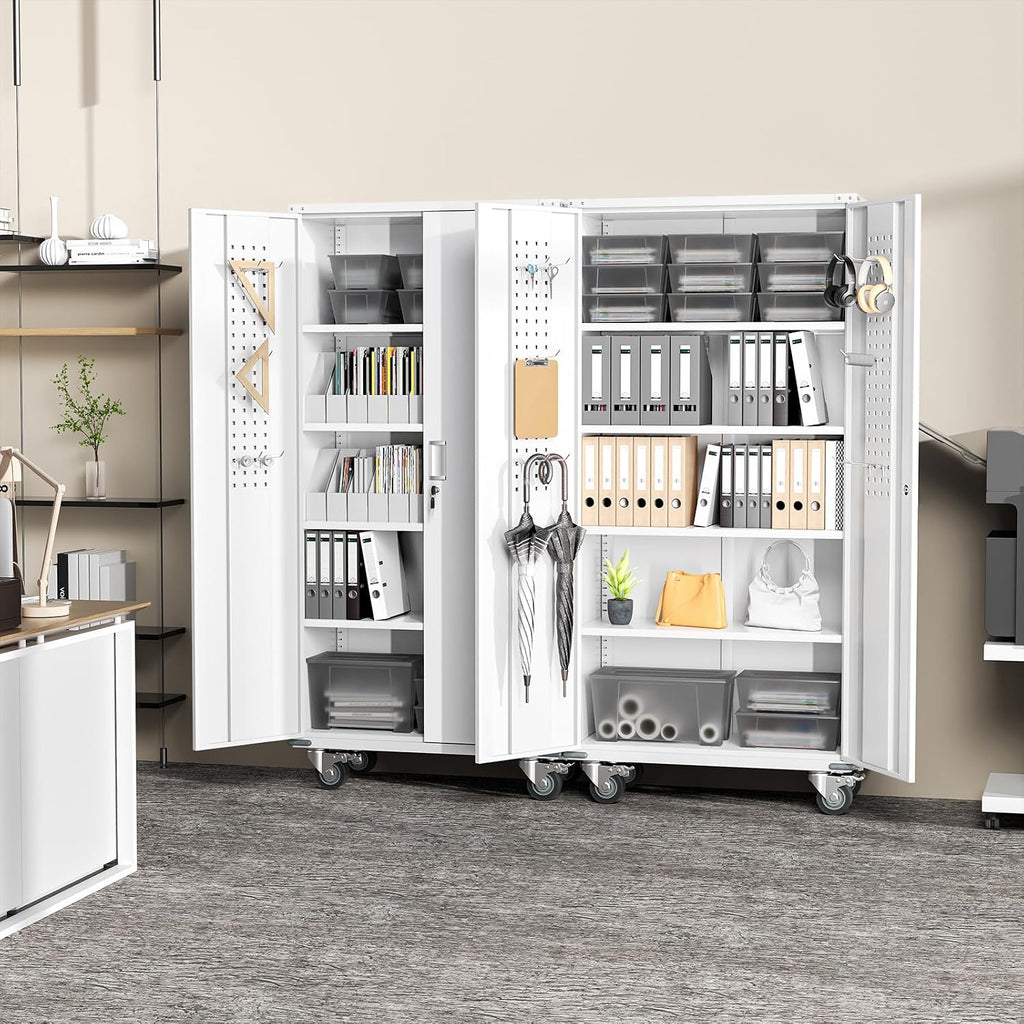 Greenvelly White Metal Storage Cabinet with Wheels, 73' Steel Garage Rolling Cabinet with Doors and 4 Shelves, Tall Locking Cabinets Tool Lockable Storage Cabinets for Basement, Pantry, Home Office