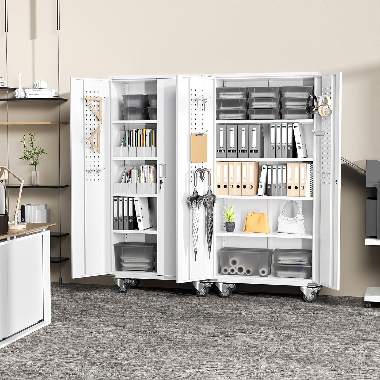 Greenvelly White Metal Storage Cabinet with Wheels, 73' Steel Garage Rolling Cabinet with Doors and 4 Shelves, Tall Locking Cabinets Tool Lockable Storage Cabinets for Basement, Pantry, Home Office