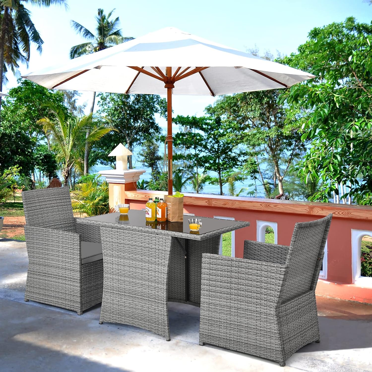 HAPPYGRILL 3 Piece Patio Furniture Set, Outdoor PE Rattan Wicker Bistro Set with Washable Cushions & Tempered Glass Table, for Backyard Porch Garden Balcony Poolside
