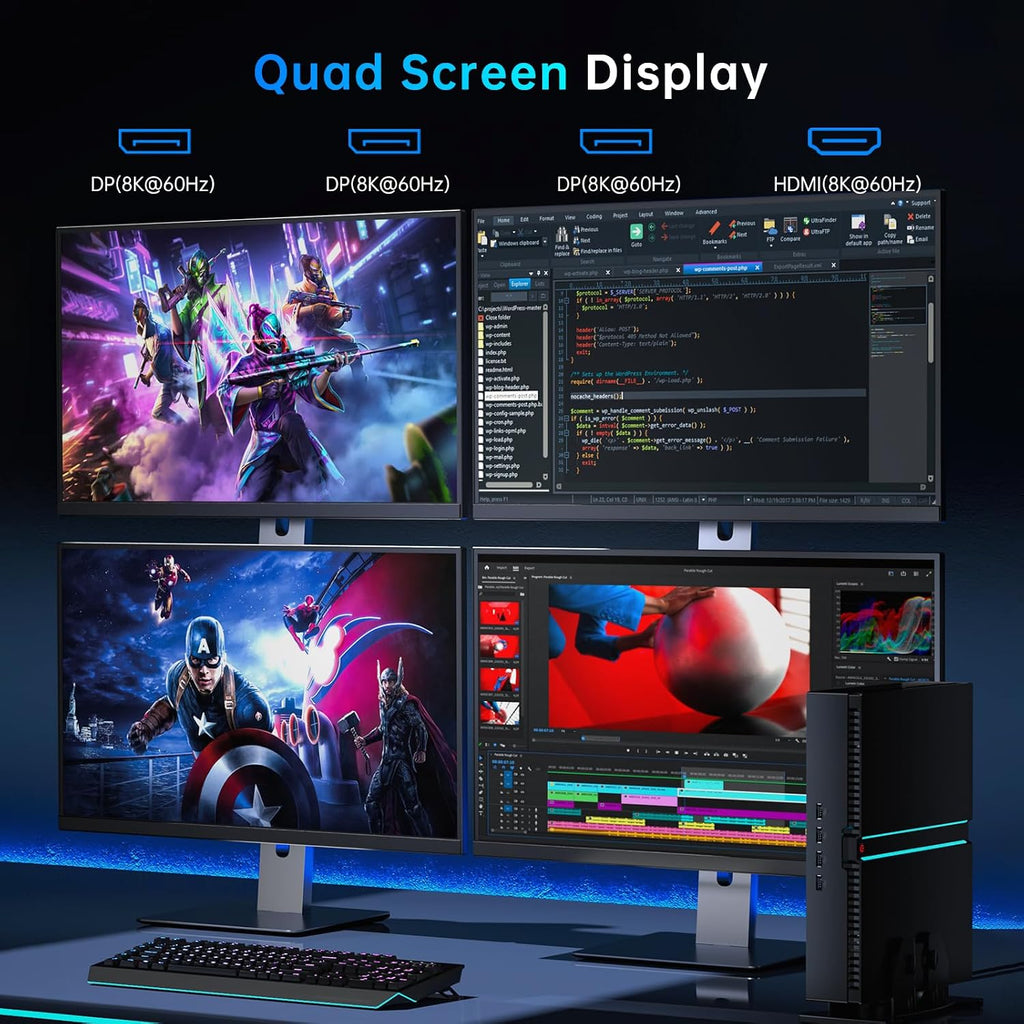 Mini PC Gaming, Desktop Computer i9-14900F 24 Cores Upto 5.8GHz, 32G DDR5, 1T M.2 PCIE4.0 SSD, Windows 11 Pro, GeForce RTX4070 12G, Four Display, 8K@60Hz Outputs, Dual LAN, WiFi6E/BT5.3