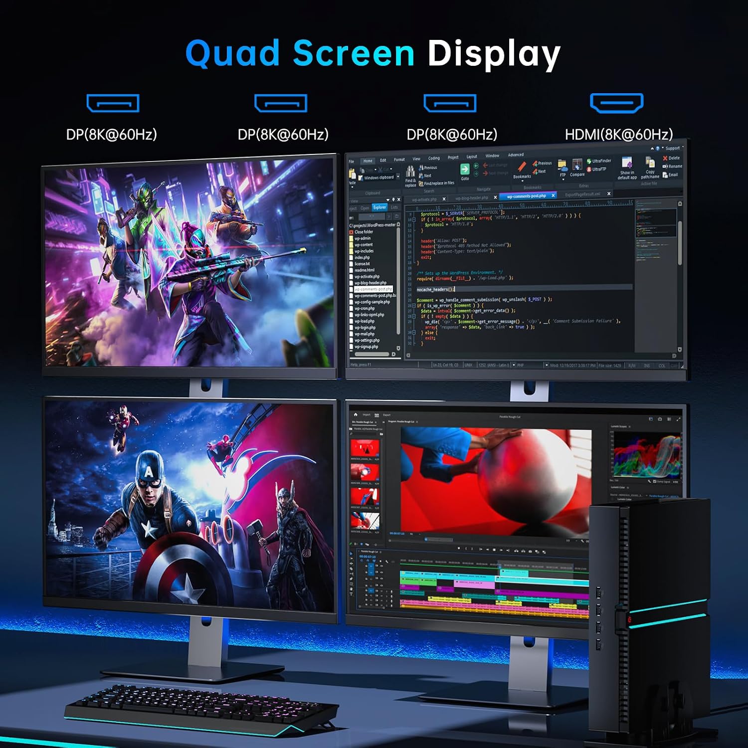 Mini PC Gaming, Desktop Computer i9-14900F 24 Cores Upto 5.8GHz, 32G DDR5, 2T M.2 PCIE4.0 SSD, Windows 11 Pro, GeForce RTX4070 12G, Four Display, 8K@60Hz Outputs, Dual LAN, WiFi6E/BT5.3