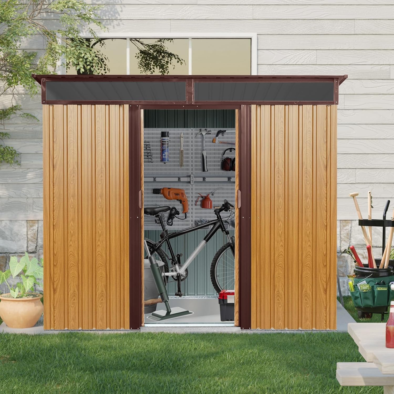 JT 8X6FT Outdoor Storage Shed, Galvanized Metal Garden Shed with Window and Metal Foundation, Tool Storage Shed for Patio Lawn Backyard (Coffee-8ft x 6ft)