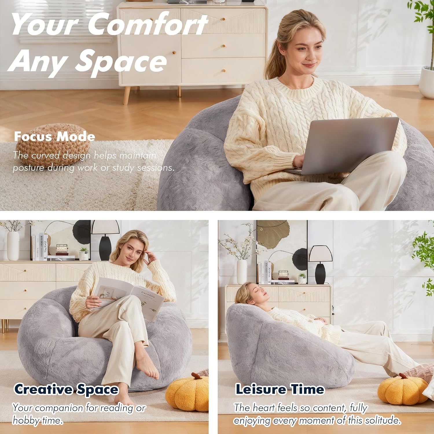 3.28 Feet Bean Bag Chair for Adults, Shell-Shaped Bean Bag Lazy Couch, Faux Fur Cloud Sofa Chair, Lounge Floor Sofa with Filler for Reading, Gaming & Watching, No Assembly Required (Light Grey)