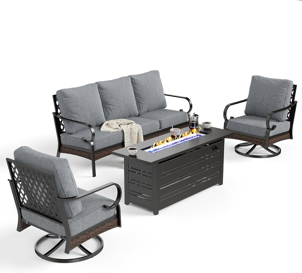 SUNSHINE VALLEY 4 Piece Black Metal Outdoor Patio Furniture Sets with Firepit Table, Patio Conversation Sets 1 3-Seater Sofa, 2 Swivel Sofa with 5.75' Thick Cushion Backyard Furniture for Deck, Gray