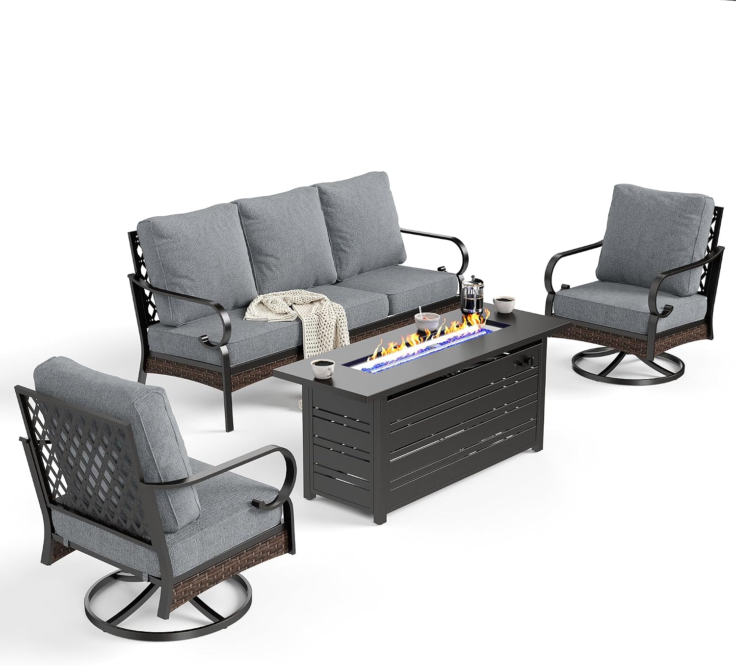 SUNSHINE VALLEY 4 Piece Black Metal Outdoor Patio Furniture Sets with Firepit Table, Patio Conversation Sets 1 3-Seater Sofa, 2 Swivel Sofa with 5.75' Thick Cushion Backyard Furniture for Deck, Gray
