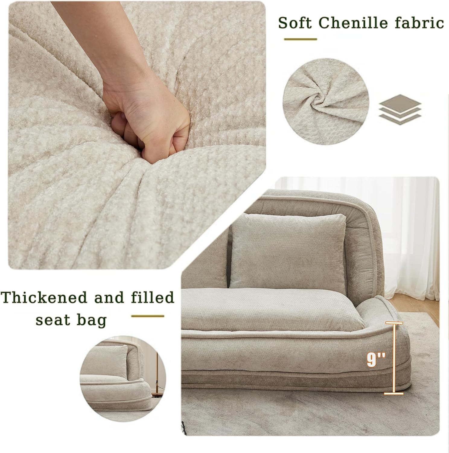 Floor Chair with Back Support, Human Dog Bed, Folding Loveseat with 5 Adjustable Position, 2 Back Cushions, Chenille Meditation Gaming Chair for Lazy Boys, Living Room, Lounge, Bedroom, Beige