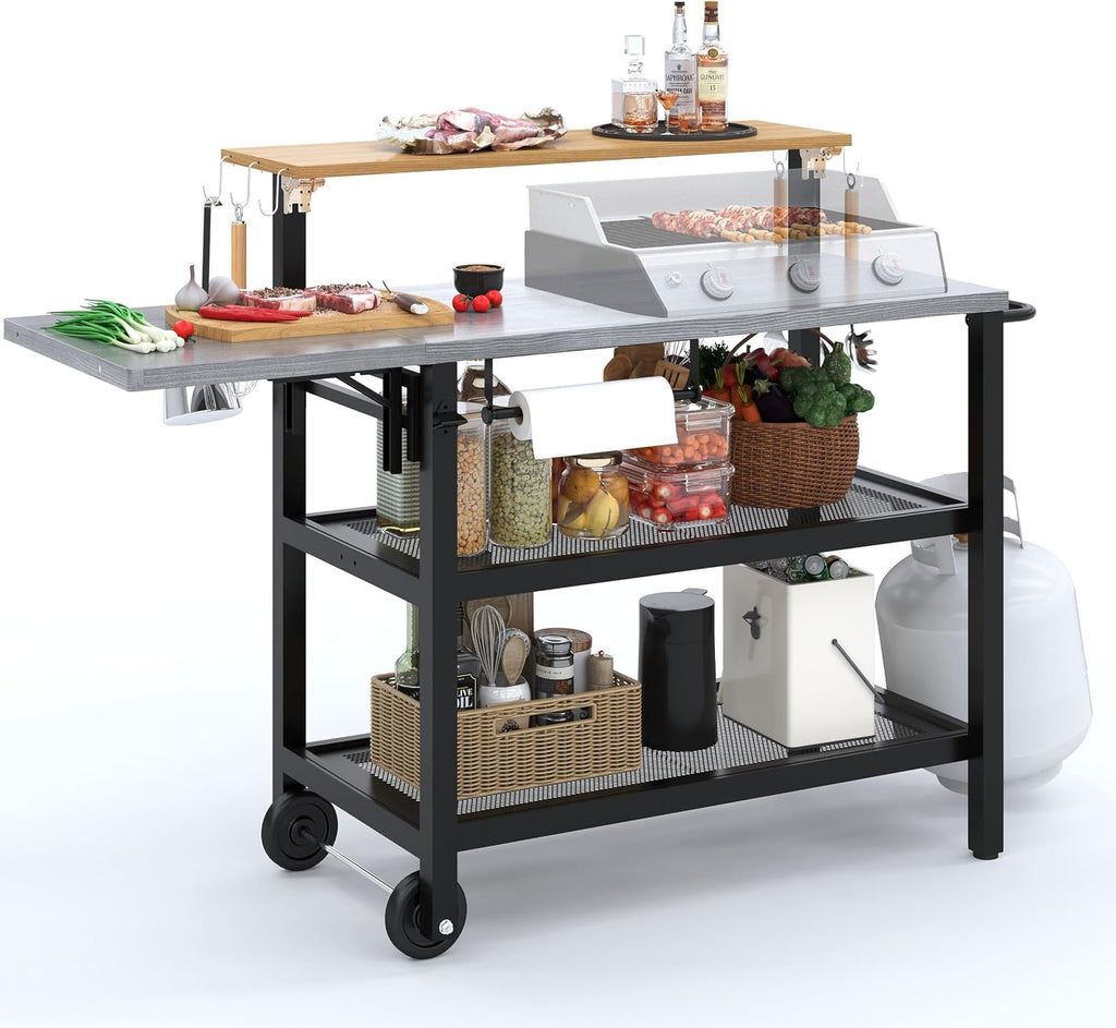 Sundale Outdoor Grill Table with 4-Tier Storage Shelves, Movable Outdoor Kitchen Island with Folding Side Shelf, 58.47' x 20.08' Stainless Steel Tabletop for Food Pre, Pizza Oven