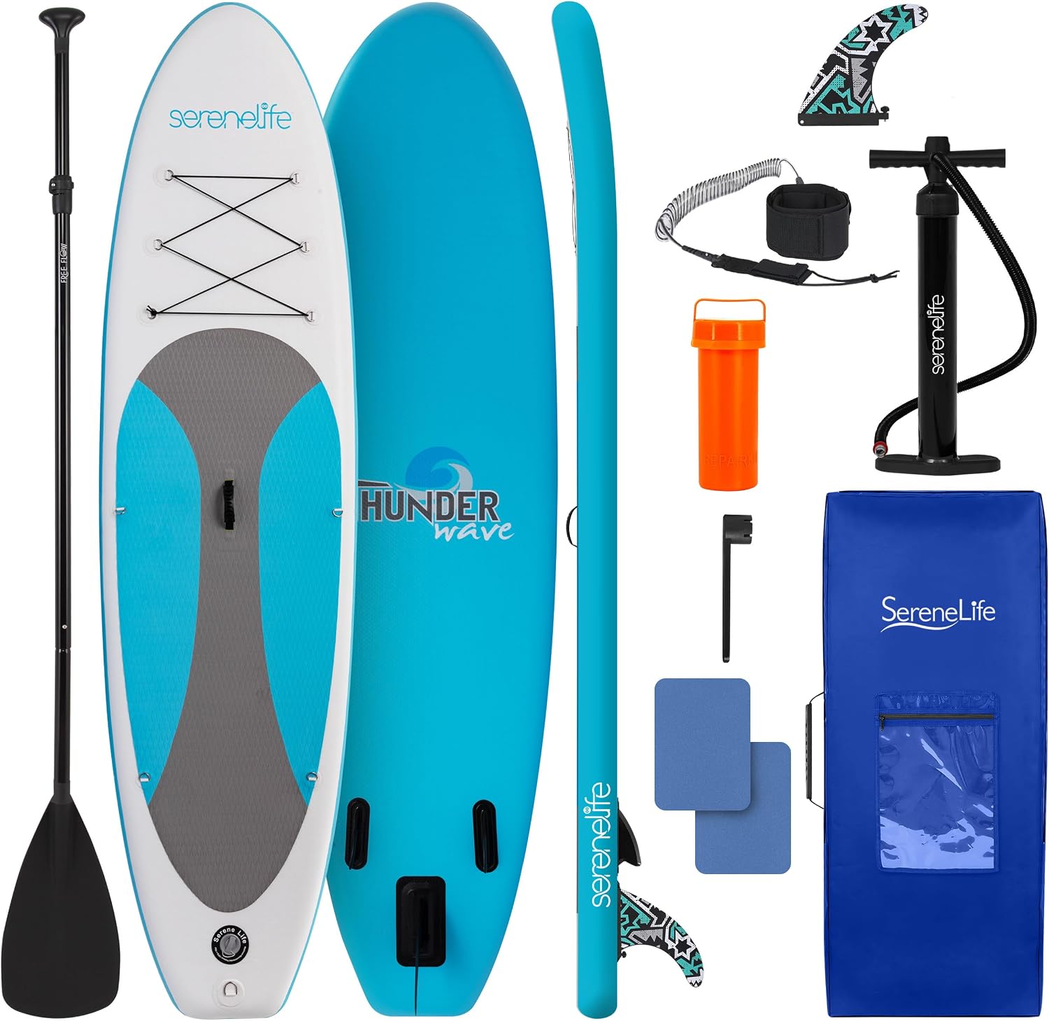 SereneLife Inflatable Stand Up Paddle Board - Wide Stable Design, Non-Slip Deck for Adults & Youth with Premium Paddle Board Accessories: Carry Bag, Dual Action Pump, Paddle, Ankle Leash - 10'