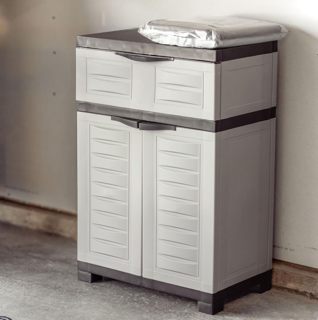 Sunnydaze 34.5' H Resin Garage Storage Cabinet - Garage Cabinet with Adjustable Shelf - Freestanding Utility Storage for Laundry Room, Office, Basement - Gray