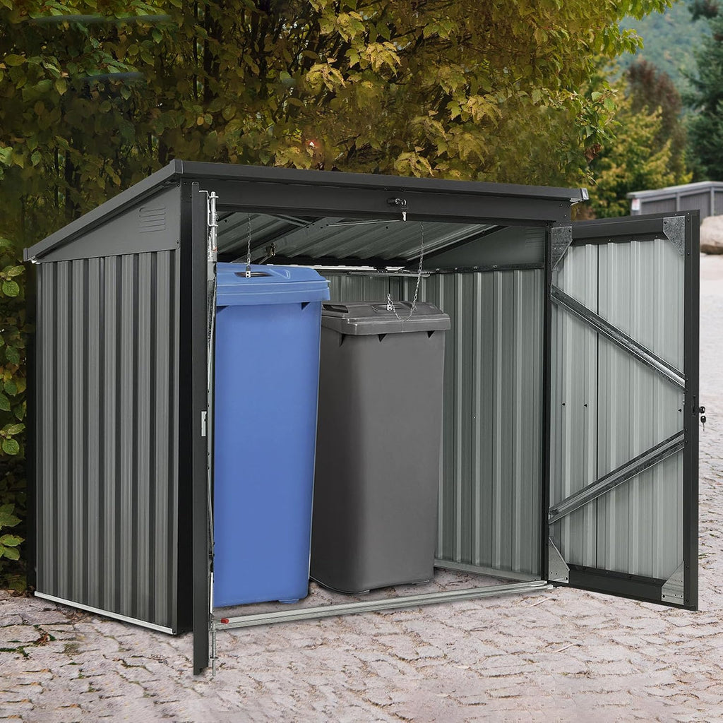 62' Grey Metal Outdoor Storage Shed with Sloped Roof, Lockable Tool Shed for Trash Cans, Garden Tools, Firewood, or Pet House, Waterproof, Galvanized Steel (Black)