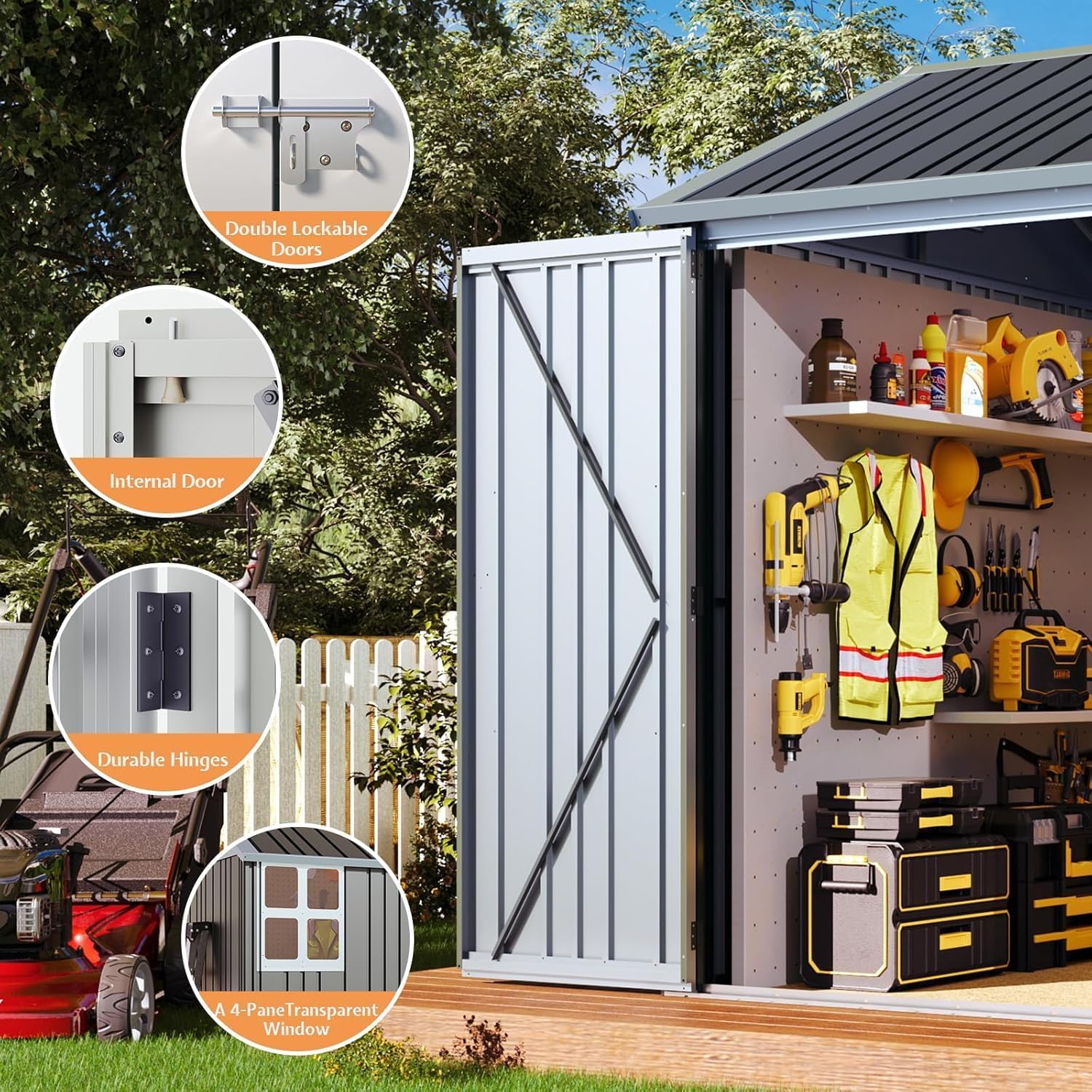 Jocisland 8.5x7.1x7.5 FT Outdoor Storage Shed, Lockable Double Hinged Doors and 4 Vents, Metal Shed for Backyard Storage, Dark Black/White